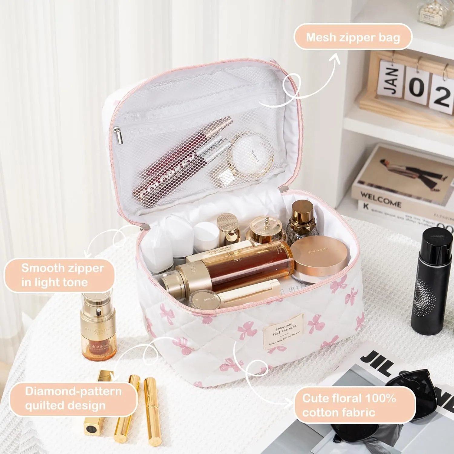 UYUUY Makeup Bag for Women 3PCS Quilted Cotton Make Up Bag Travel Cosmetic Bag Large Makeup Bag Set Cute Bow Makeup Bag Organizer Floral Toiletry Bag Makeup Pouch for Purse