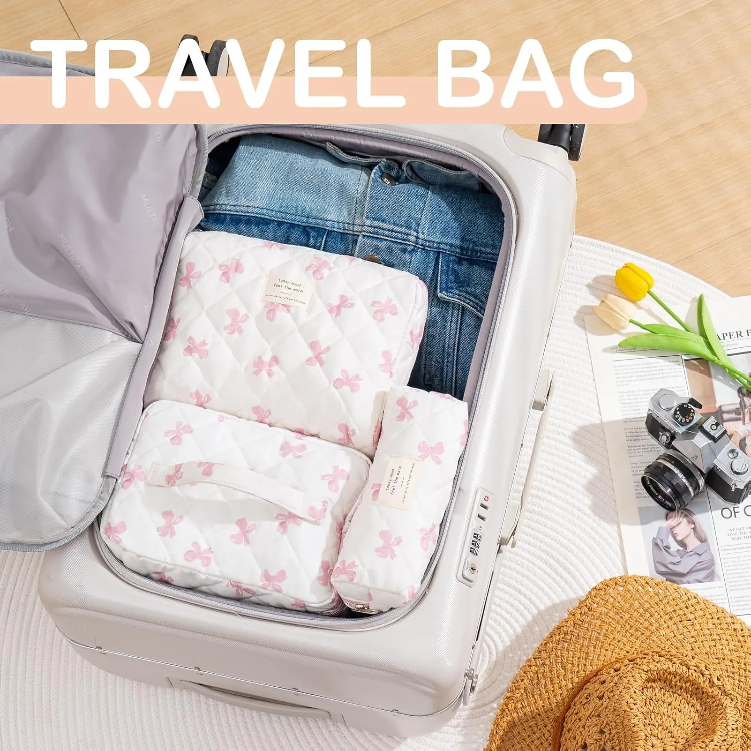 UYUUY Makeup Bag for Women 3PCS Quilted Cotton Make Up Bag Travel Cosmetic Bag Large Makeup Bag Set Cute Bow Makeup Bag Organizer Floral Toiletry Bag Makeup Pouch for Purse
