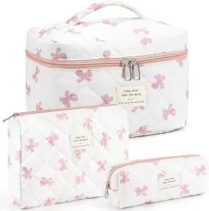 UYUUY Makeup Bag for Women 3PCS Quilted Cotton Make Up Bag Travel Cosmetic Bag Large Makeup Bag Set Cute Bow Makeup Bag Organizer Floral Toiletry Bag Makeup Pouch for Purse
