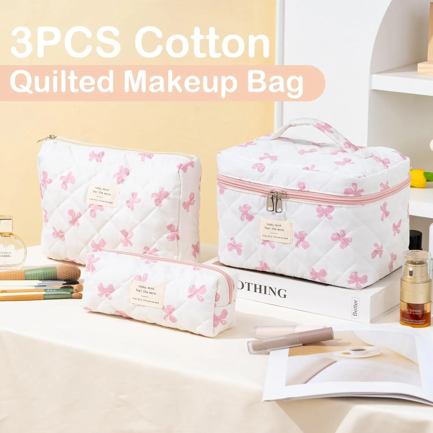 UYUUY Makeup Bag for Women 3PCS Quilted Cotton Make Up Bag Travel Cosmetic Bag Large Makeup Bag Set Cute Bow Makeup Bag Organizer Floral Toiletry Bag Makeup Pouch for Purse