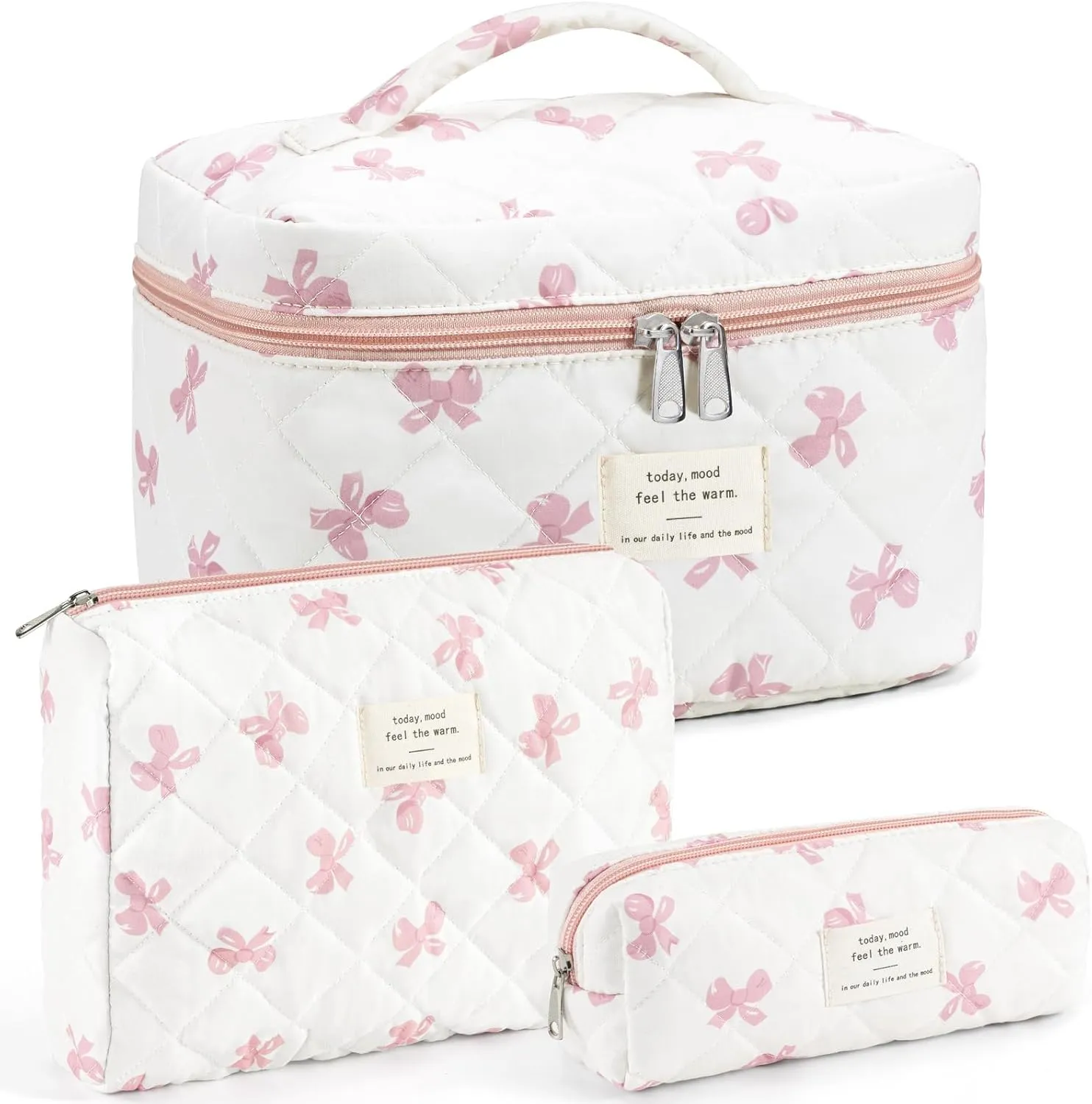 UYUUY Makeup Bag for Women 3PCS Quilted Cotton Make Up Bag Travel Cosmetic Bag Large Makeup Bag Set Cute Bow Makeup Bag Organizer Floral Toiletry Bag Makeup Pouch for Purse