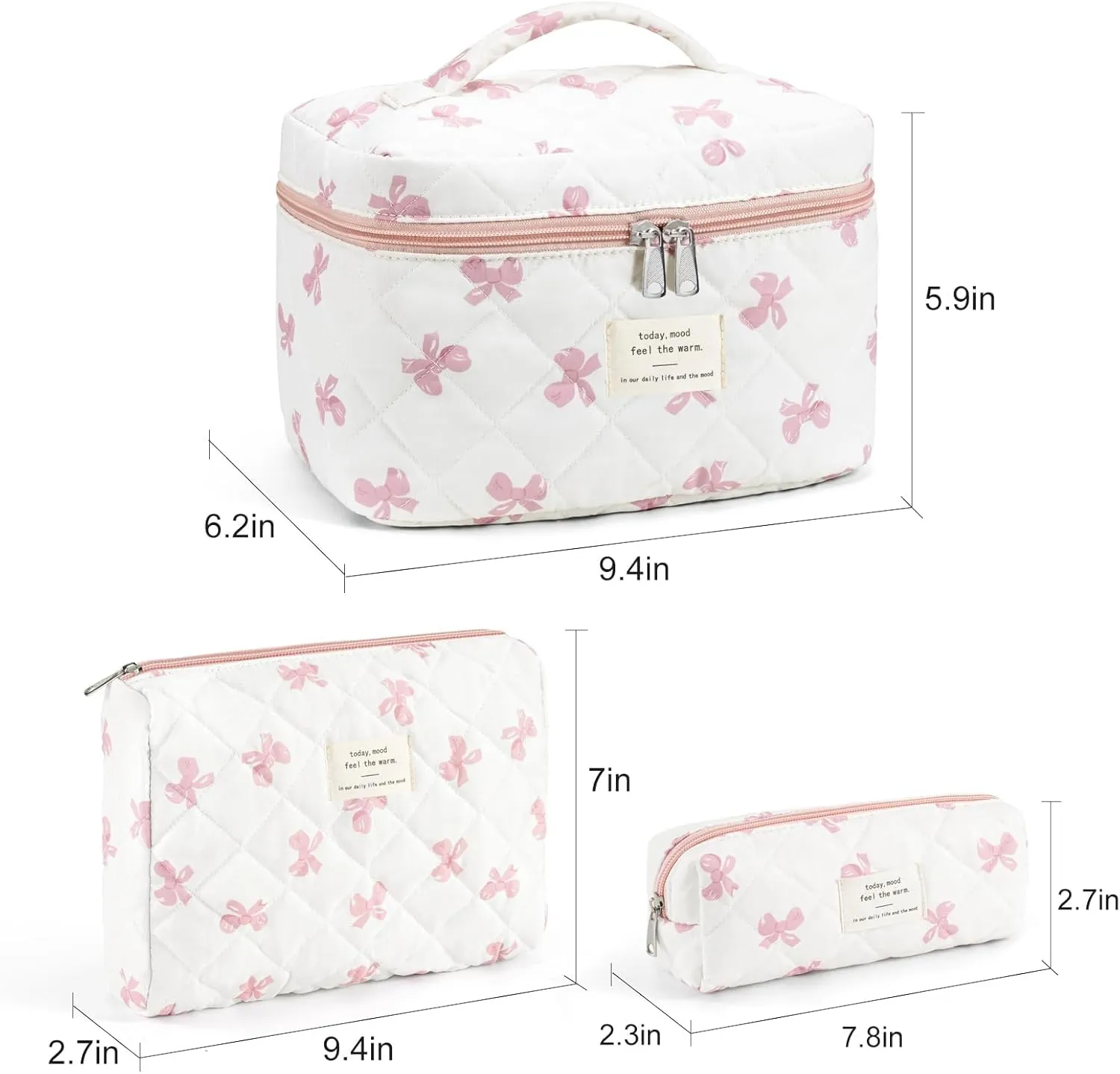 UYUUY Makeup Bag for Women 3PCS Quilted Cotton Make Up Bag Travel Cosmetic Bag Large Makeup Bag Set Cute Bow Makeup Bag Organizer Floral Toiletry Bag Makeup Pouch for Purse