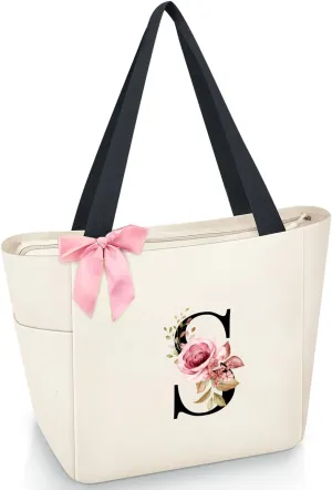 Vavabox Tote Bag, A-Z Initial Monogrammed Waterproof Tote Bag, Bridesmaid Gifts for Women, Black and Pink
