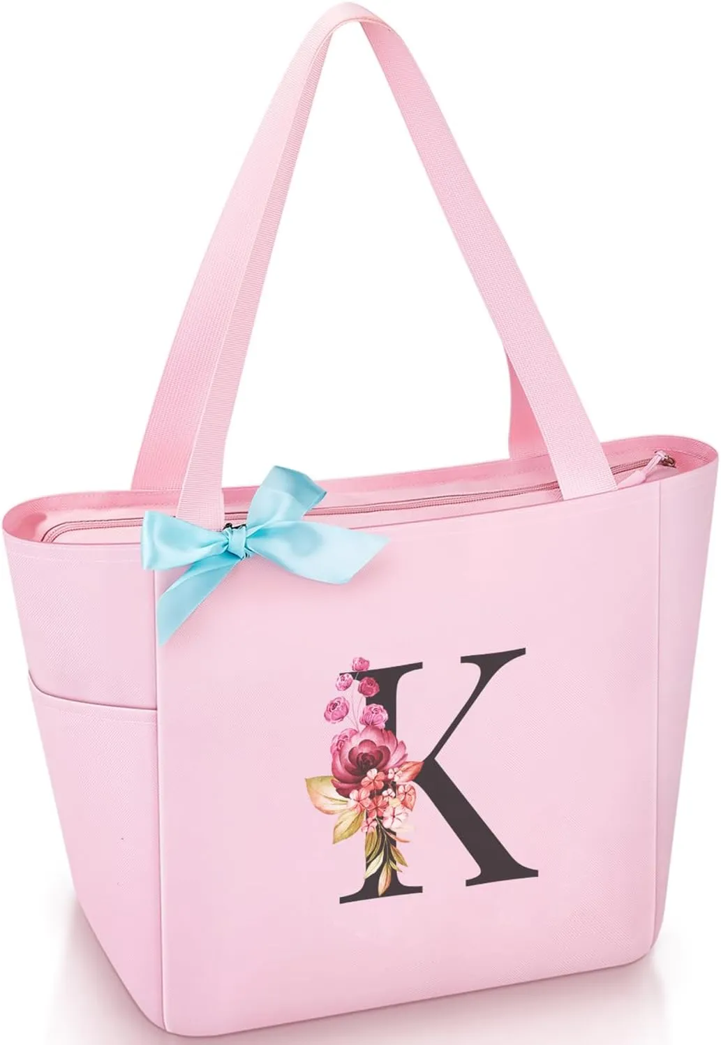 Vavabox Tote Bag, A-Z Initial Monogrammed Waterproof Tote Bag, Bridesmaid Gifts for Women, Black and Pink