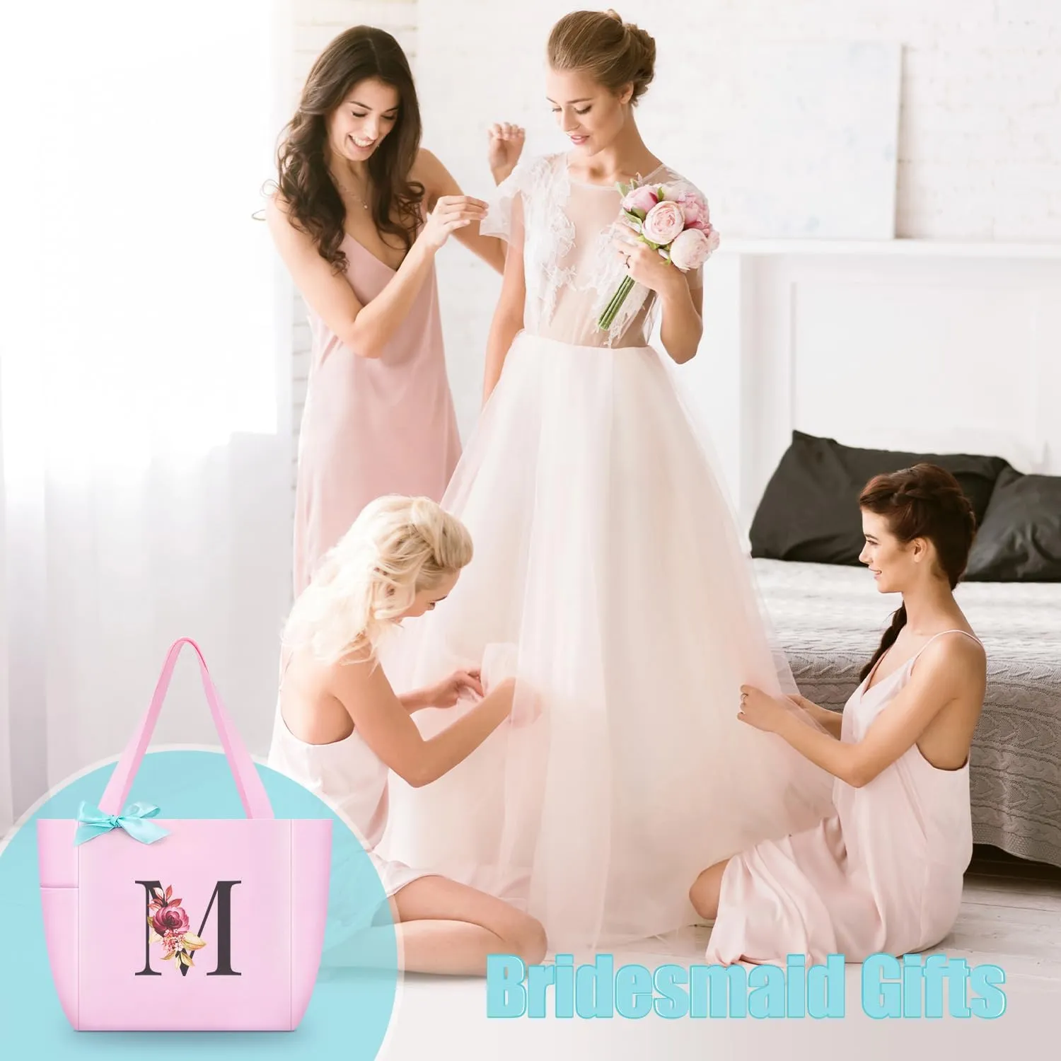 Vavabox Tote Bag, A-Z Initial Monogrammed Waterproof Tote Bag, Bridesmaid Gifts for Women, Black and Pink