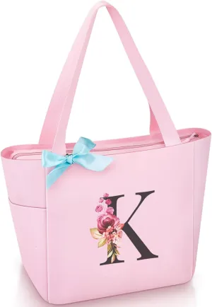 Vavabox Tote Bag, A-Z Initial Monogrammed Waterproof Tote Bag, Bridesmaid Gifts for Women, Black and Pink