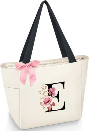 Vavabox Tote Bag, A-Z Initial Monogrammed Waterproof Tote Bag, Bridesmaid Gifts for Women, Black and Pink
