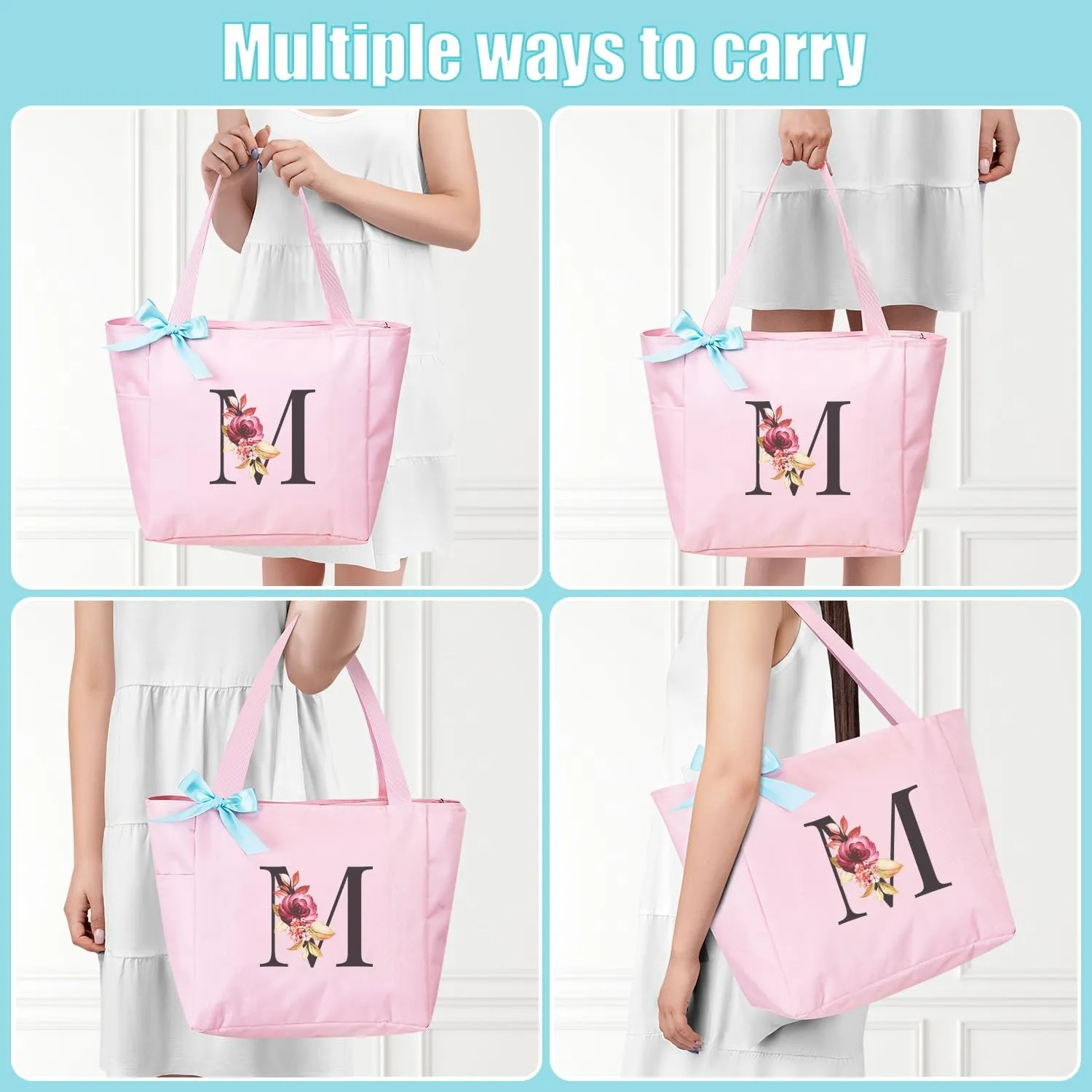 Vavabox Tote Bag, A-Z Initial Monogrammed Waterproof Tote Bag, Bridesmaid Gifts for Women, Black and Pink