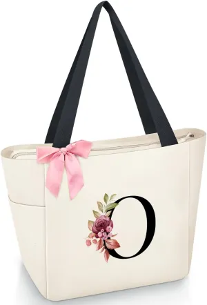 Vavabox Tote Bag, A-Z Initial Monogrammed Waterproof Tote Bag, Bridesmaid Gifts for Women, Black and Pink