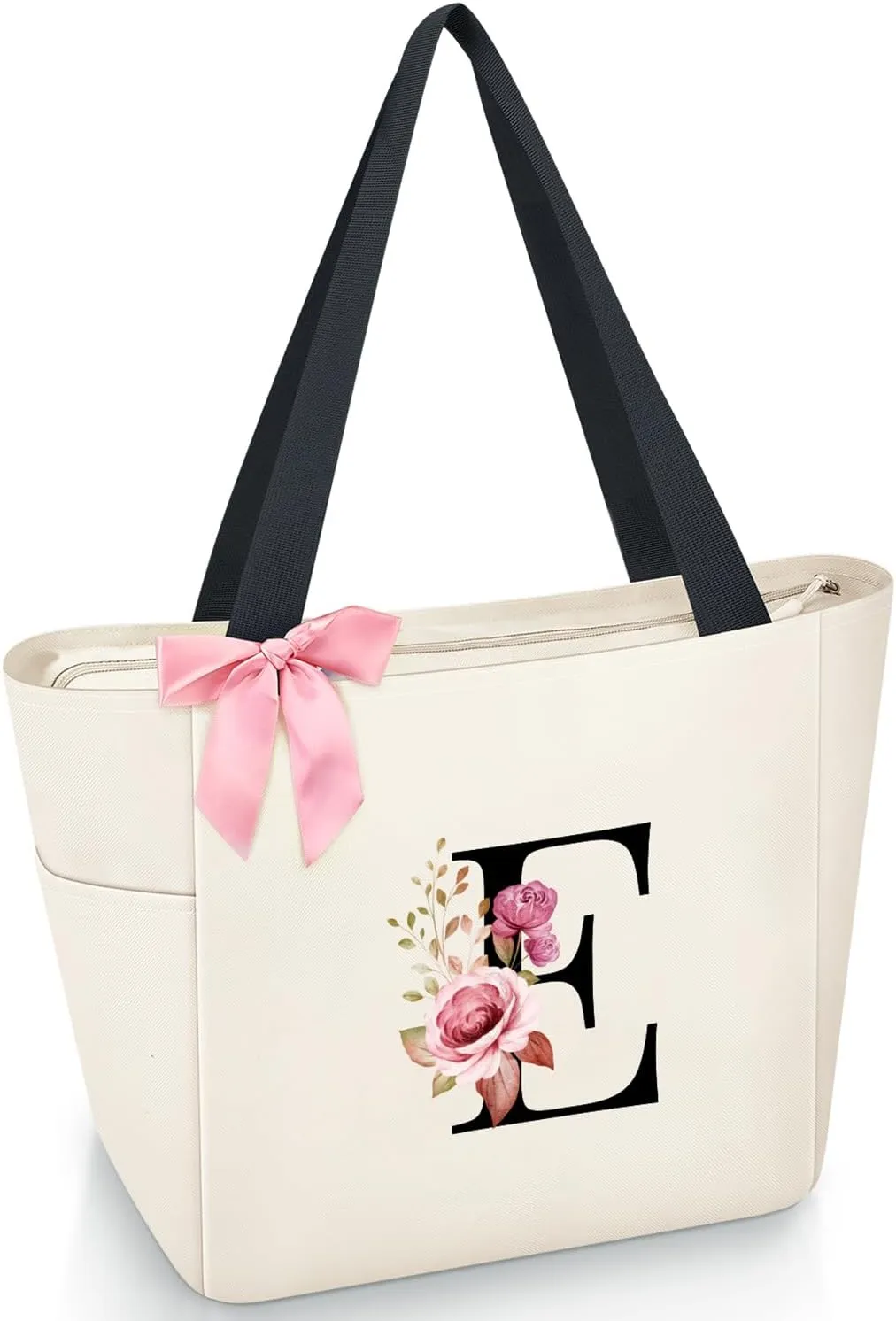 Vavabox Tote Bag, A-Z Initial Monogrammed Waterproof Tote Bag, Bridesmaid Gifts for Women, Black and Pink