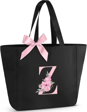 Vavabox Tote Bag, A-Z Initial Monogrammed Waterproof Tote Bag, Bridesmaid Gifts for Women, Black and Pink