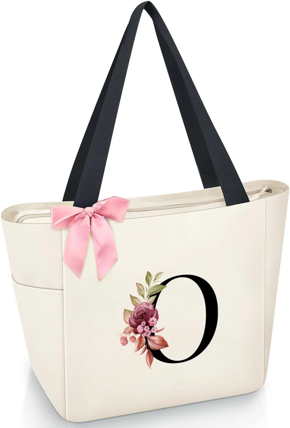 Vavabox Tote Bag, A-Z Initial Monogrammed Waterproof Tote Bag, Bridesmaid Gifts for Women, Black and Pink