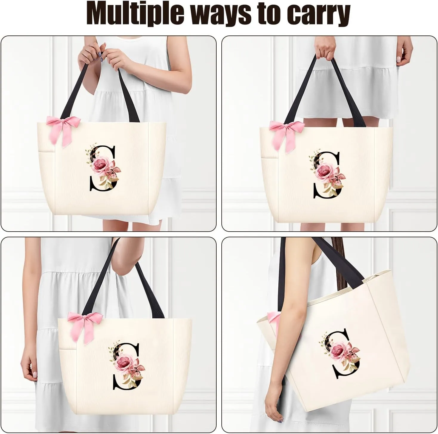 Vavabox Tote Bag, A-Z Initial Monogrammed Waterproof Tote Bag, Bridesmaid Gifts for Women, Black and Pink