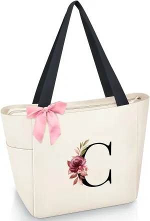 Vavabox Tote Bag, A-Z Initial Monogrammed Waterproof Tote Bag, Bridesmaid Gifts for Women, Black and Pink