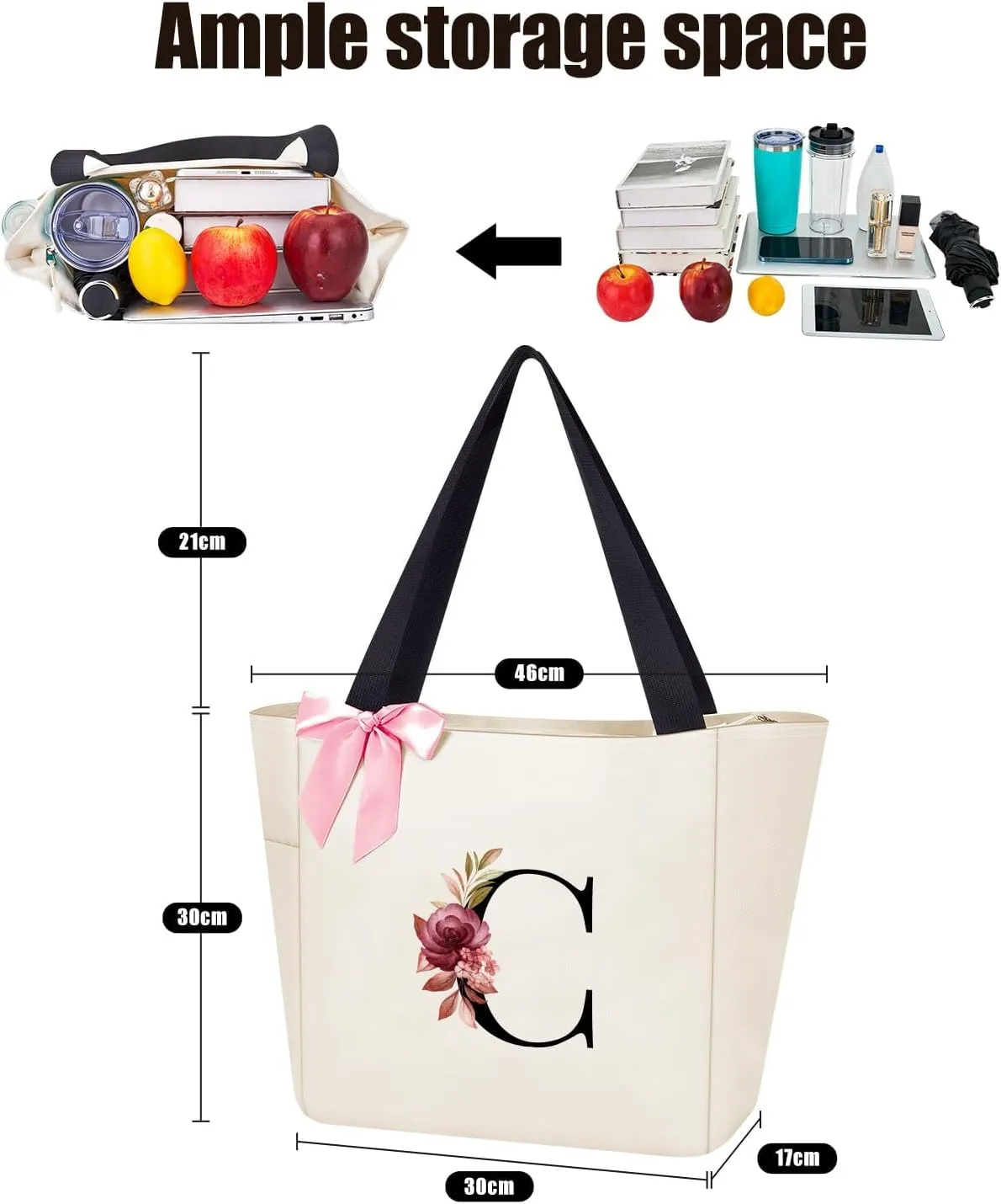 Vavabox Tote Bag, A-Z Initial Monogrammed Waterproof Tote Bag, Bridesmaid Gifts for Women, Black and Pink
