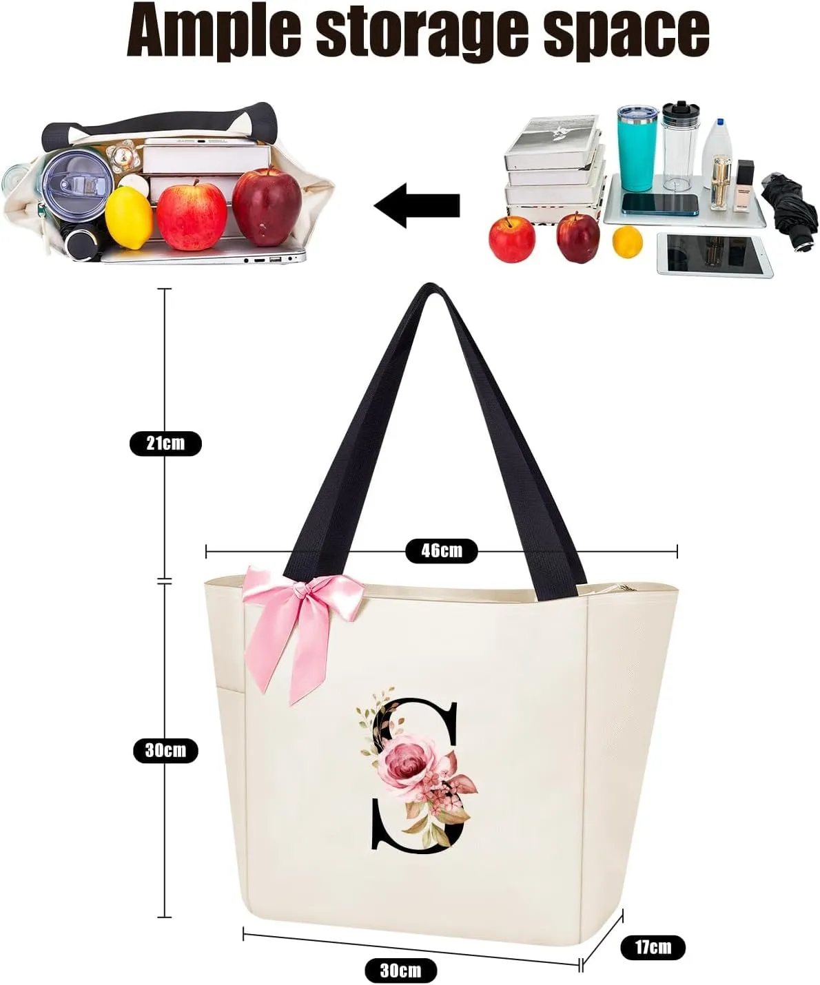 Vavabox Tote Bag, A-Z Initial Monogrammed Waterproof Tote Bag, Bridesmaid Gifts for Women, Black and Pink