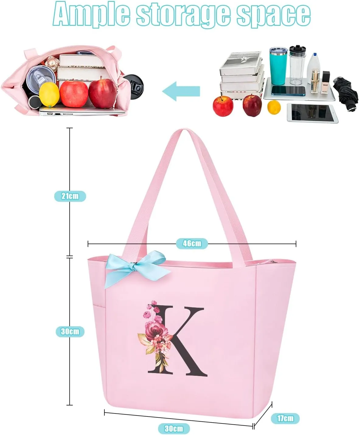 Vavabox Tote Bag, A-Z Initial Monogrammed Waterproof Tote Bag, Bridesmaid Gifts for Women, Black and Pink