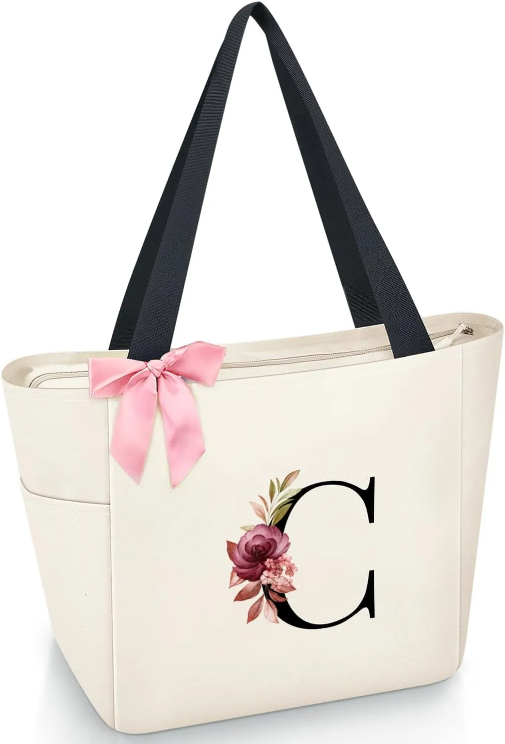 Vavabox Tote Bag, A-Z Initial Monogrammed Waterproof Tote Bag, Bridesmaid Gifts for Women, Black and Pink