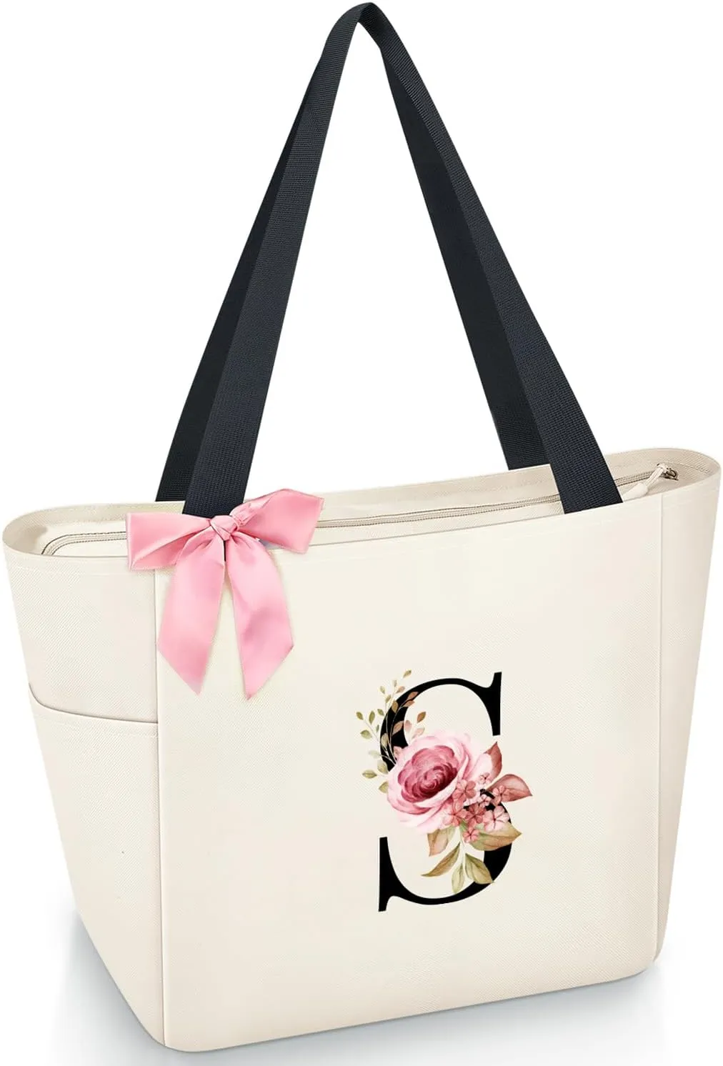 Vavabox Tote Bag, A-Z Initial Monogrammed Waterproof Tote Bag, Bridesmaid Gifts for Women, Black and Pink