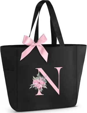 Vavabox Tote Bag, A-Z Initial Monogrammed Waterproof Tote Bag, Bridesmaid Gifts for Women, Black and Pink