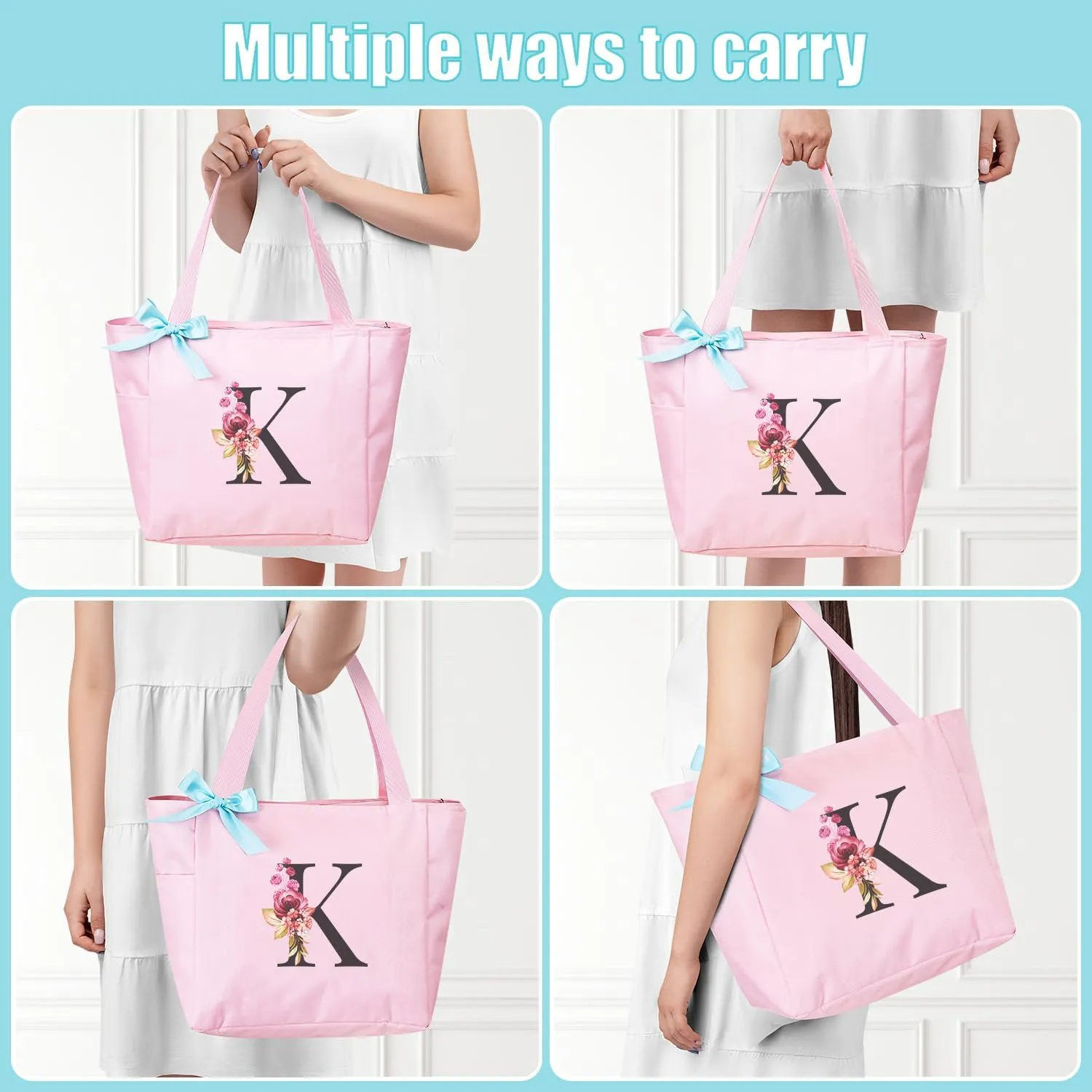 Vavabox Tote Bag, A-Z Initial Monogrammed Waterproof Tote Bag, Bridesmaid Gifts for Women, Black and Pink