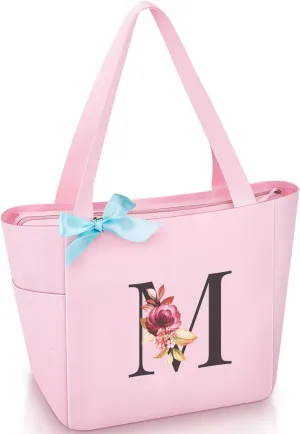 Vavabox Tote Bag, A-Z Initial Monogrammed Waterproof Tote Bag, Bridesmaid Gifts for Women, Black and Pink