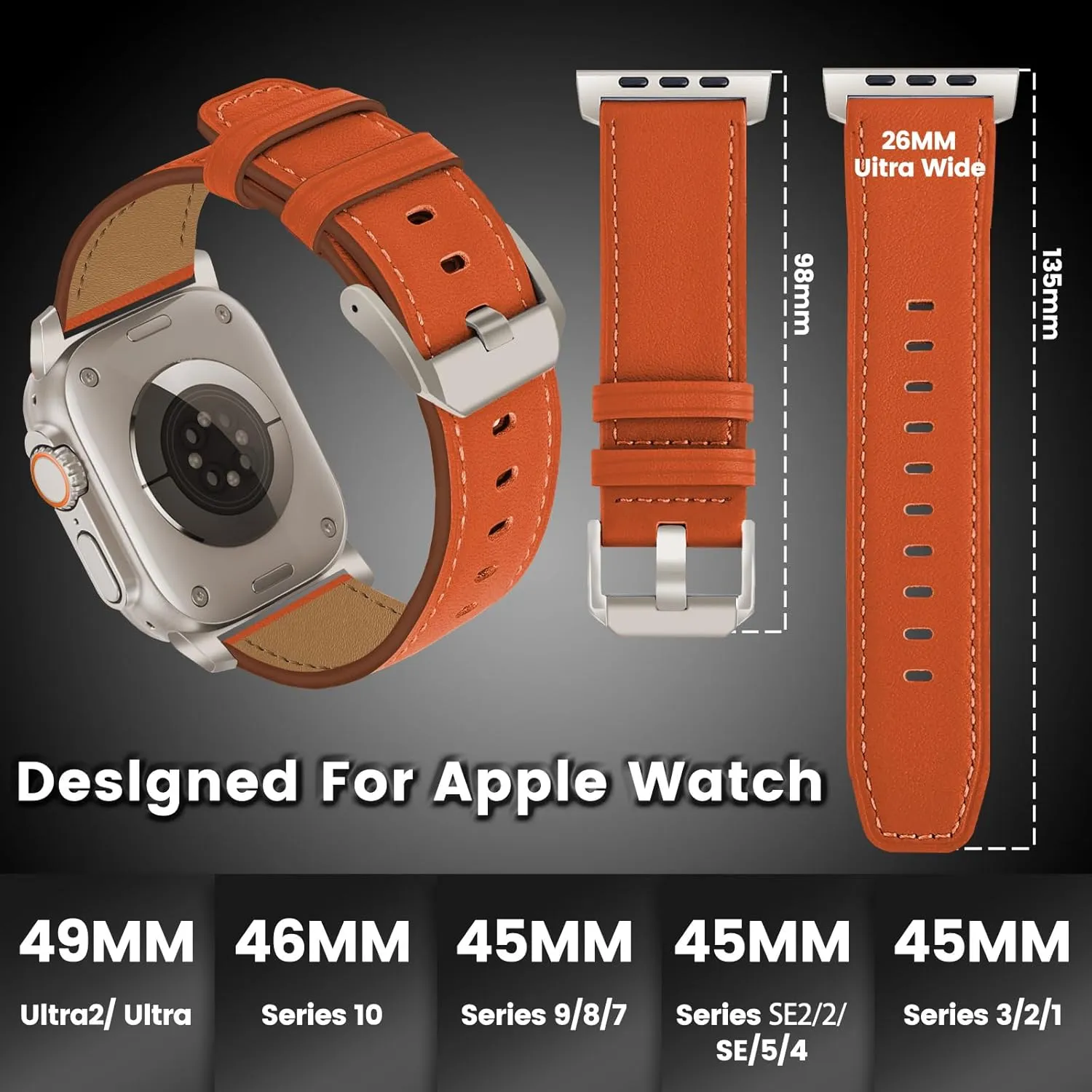 VeveXiao Rugged Leather Band Compatible with Apple Watch Ultra 2/1 Band 49mm 46mm 45mm 44mm, 26mm Wide Robust Genuine Leather Replacement Band for iWatch Series10 9 SE 8 7 6 5 4 Men Strap