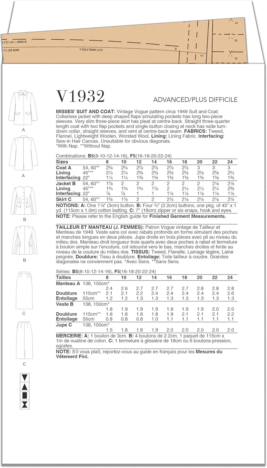 Vogue Misses' Vintage Suit and Coat Sewing Pattern Kit, Design Code V1932, Sizes 16-18-20-22-24