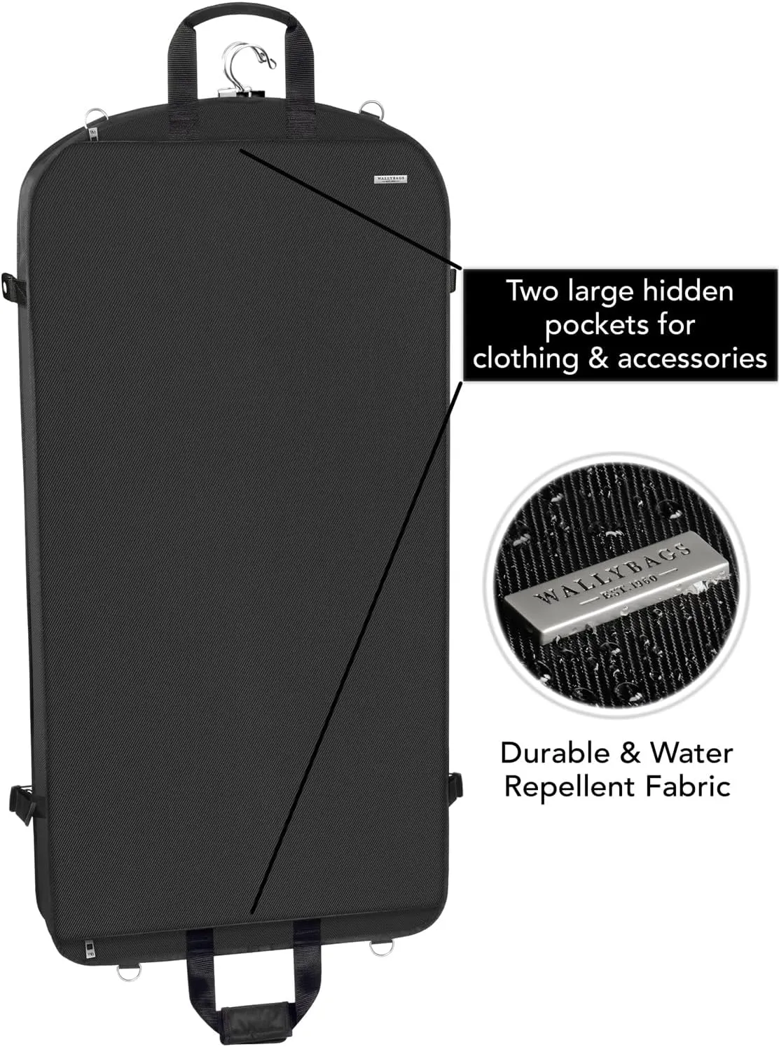 WallyBags® 42" Premium Travel Garment Bag with shoulder strap and two large pockets,Black w/Lining