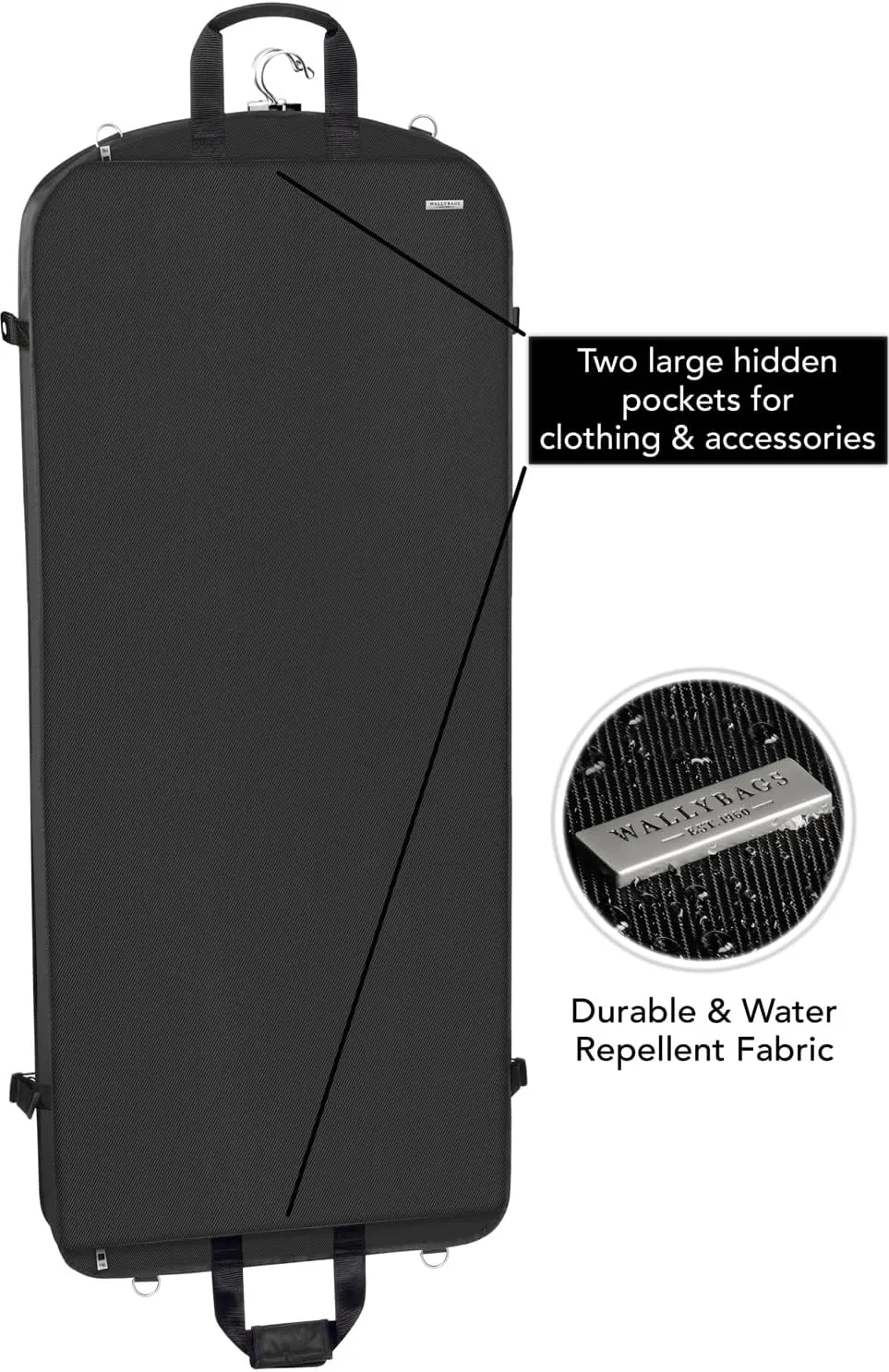 WallyBags Premium Carry On Travel Garment Bag with Shoulder Strap and Pockets for Men & Women, Black, 52-Inch