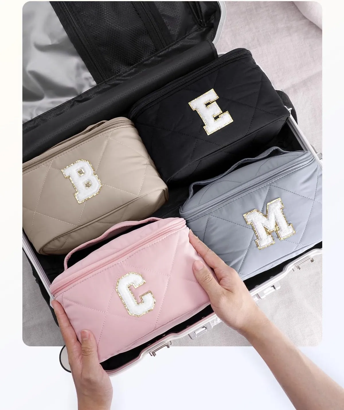 Wandering Nature Puffer Initial Makeup Bag, Personalized Travel Make Up Organizer Cosmetic Bags with Brush Holder and Divider, Gift with Chenille Letter for Moms, Wives, Girlfriend, Besties