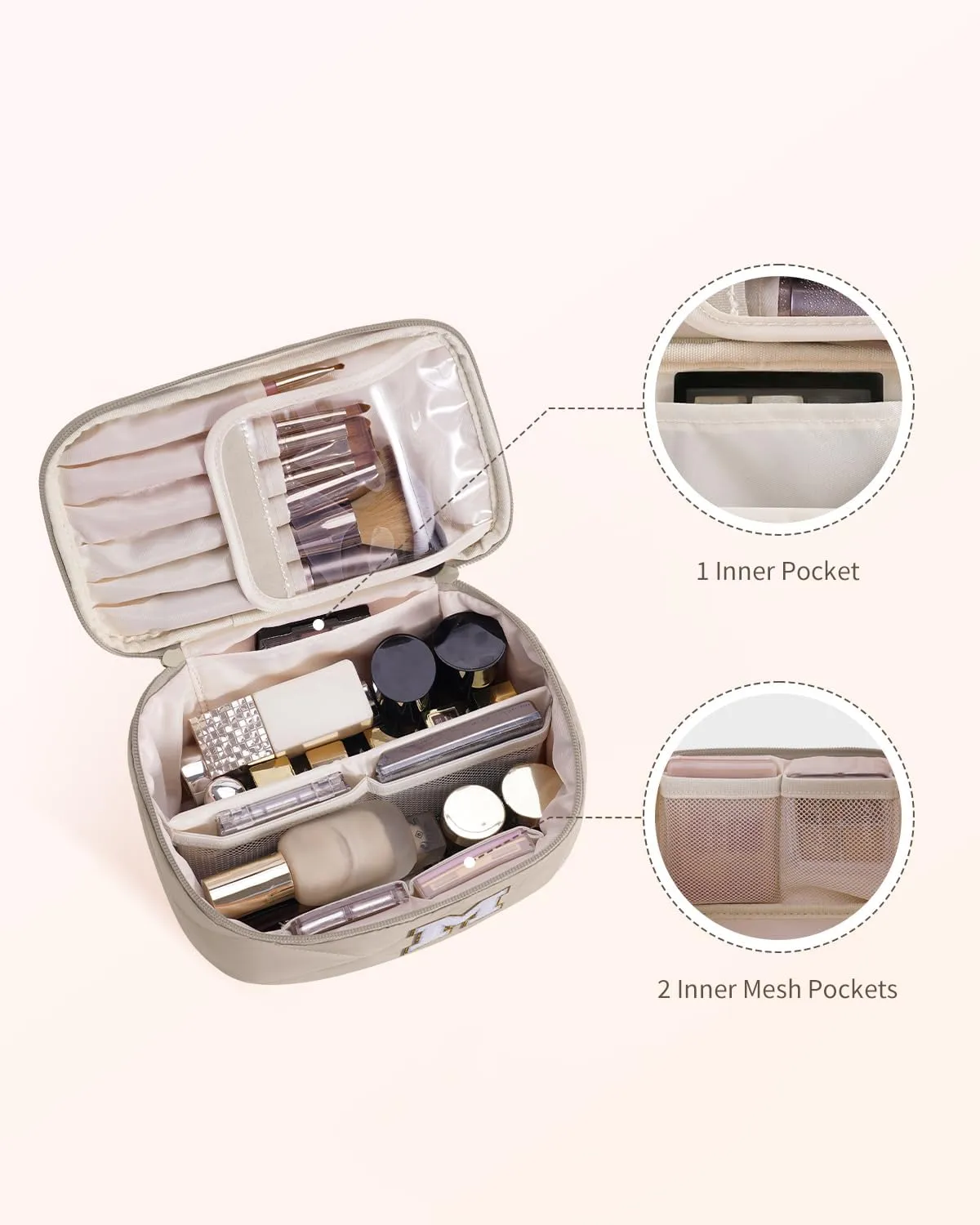 Wandering Nature Puffer Initial Makeup Bag, Personalized Travel Make Up Organizer Cosmetic Bags with Brush Holder and Divider, Gift with Chenille Letter for Moms, Wives, Girlfriend, Besties