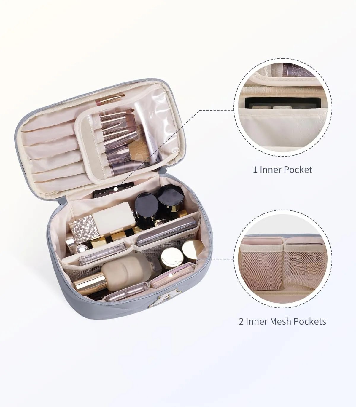 Wandering Nature Puffer Initial Makeup Bag, Personalized Travel Make Up Organizer Cosmetic Bags with Brush Holder and Divider, Gift with Chenille Letter for Moms, Wives, Girlfriend, Besties