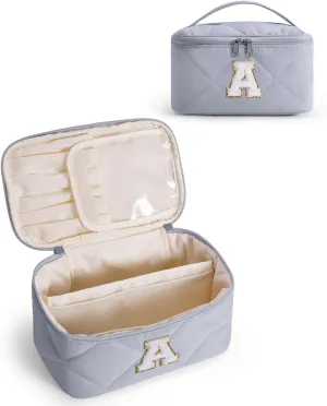 Wandering Nature Puffer Initial Makeup Bag, Personalized Travel Make Up Organizer Cosmetic Bags with Brush Holder and Divider, Gift with Chenille Letter for Moms, Wives, Girlfriend, Besties
