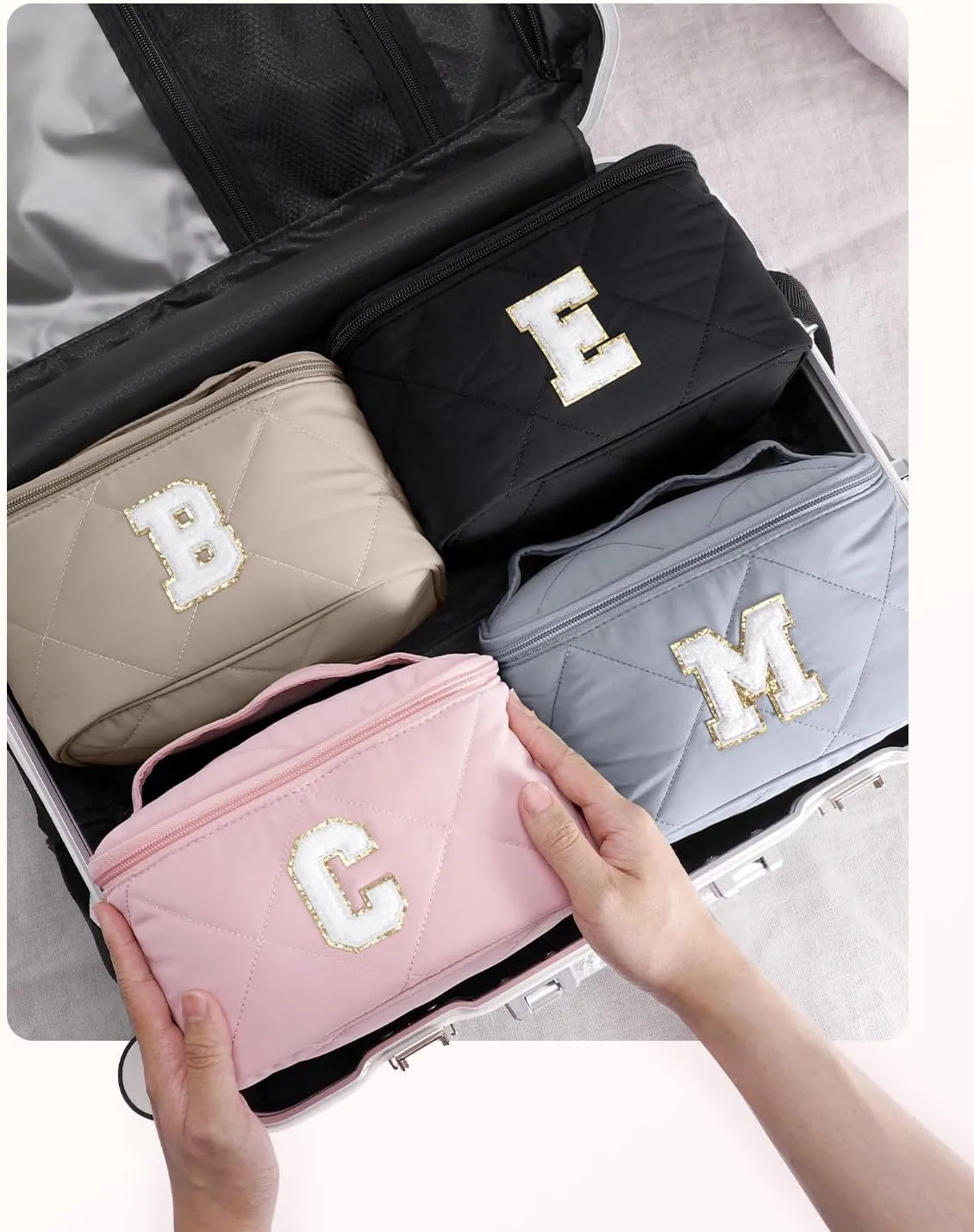 Wandering Nature Puffer Initial Makeup Bag, Personalized Travel Make Up Organizer Cosmetic Bags with Brush Holder and Divider, Gift with Chenille Letter for Moms, Wives, Girlfriend, Besties