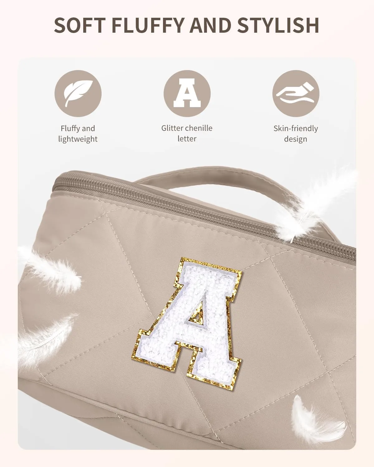 Wandering Nature Puffer Initial Makeup Bag, Personalized Travel Make Up Organizer Cosmetic Bags with Brush Holder and Divider, Gift with Chenille Letter for Moms, Wives, Girlfriend, Besties