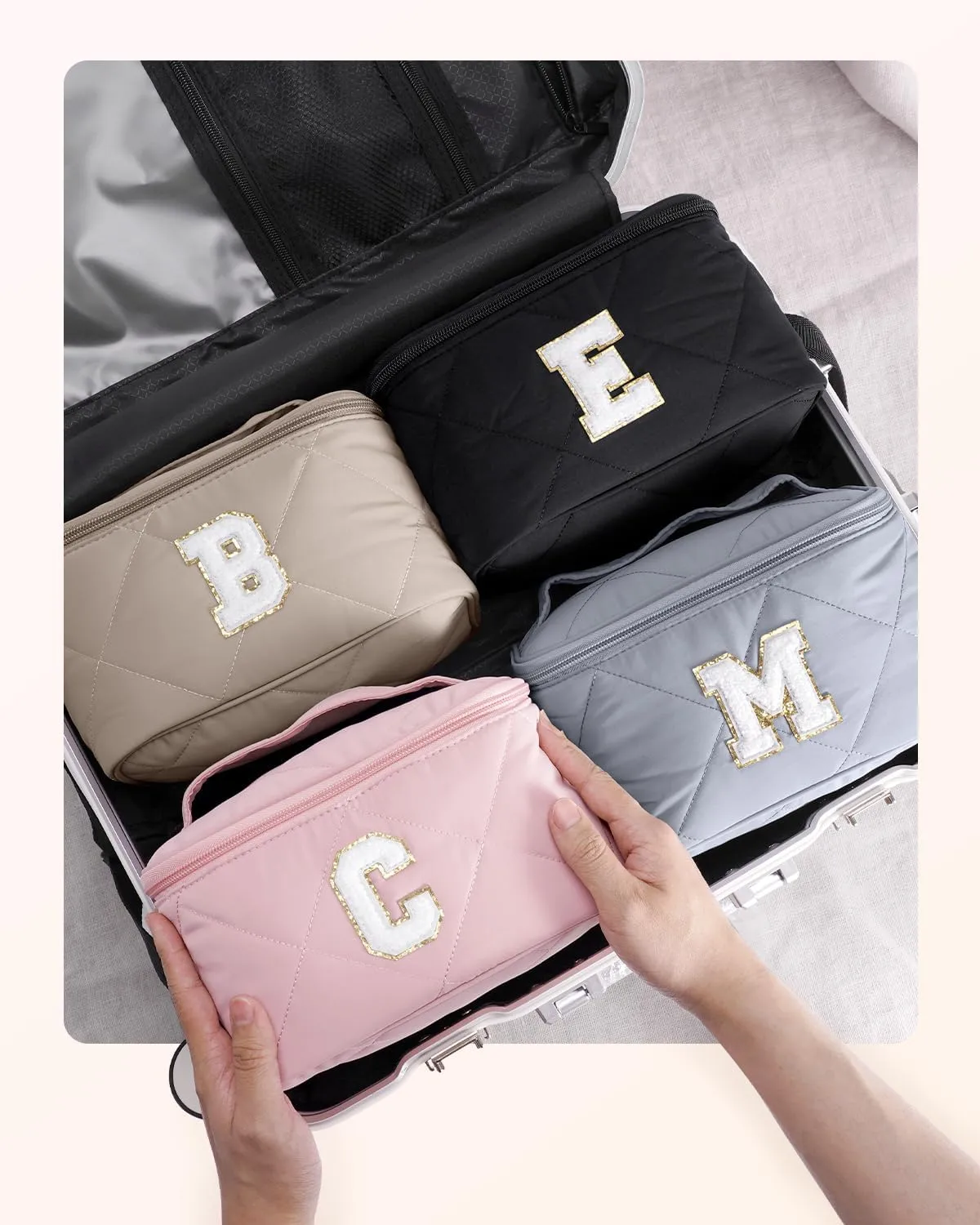 Wandering Nature Puffer Initial Makeup Bag, Personalized Travel Make Up Organizer Cosmetic Bags with Brush Holder and Divider, Gift with Chenille Letter for Moms, Wives, Girlfriend, Besties