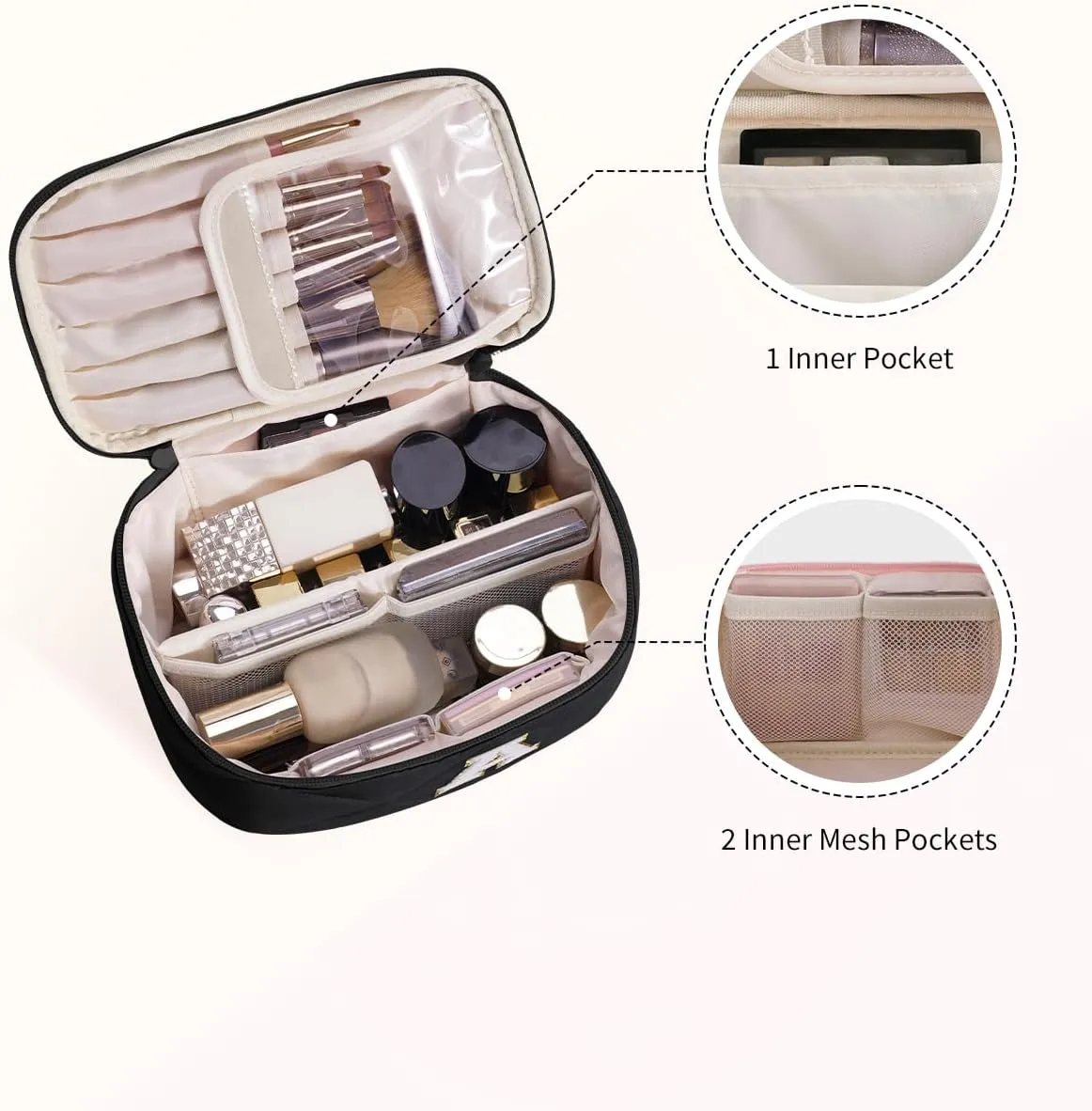 Wandering Nature Puffer Initial Makeup Bag, Personalized Travel Make Up Organizer Cosmetic Bags with Brush Holder and Divider, Gift with Chenille Letter for Moms, Wives, Girlfriend, Besties