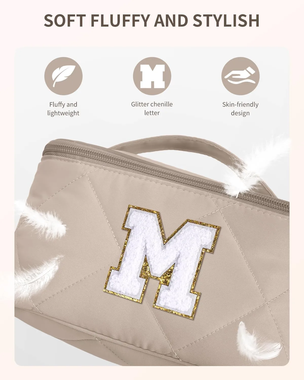 Wandering Nature Puffer Initial Makeup Bag, Personalized Travel Make Up Organizer Cosmetic Bags with Brush Holder and Divider, Gift with Chenille Letter for Moms, Wives, Girlfriend, Besties