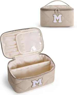 Wandering Nature Puffer Initial Makeup Bag, Personalized Travel Make Up Organizer Cosmetic Bags with Brush Holder and Divider, Gift with Chenille Letter for Moms, Wives, Girlfriend, Besties
