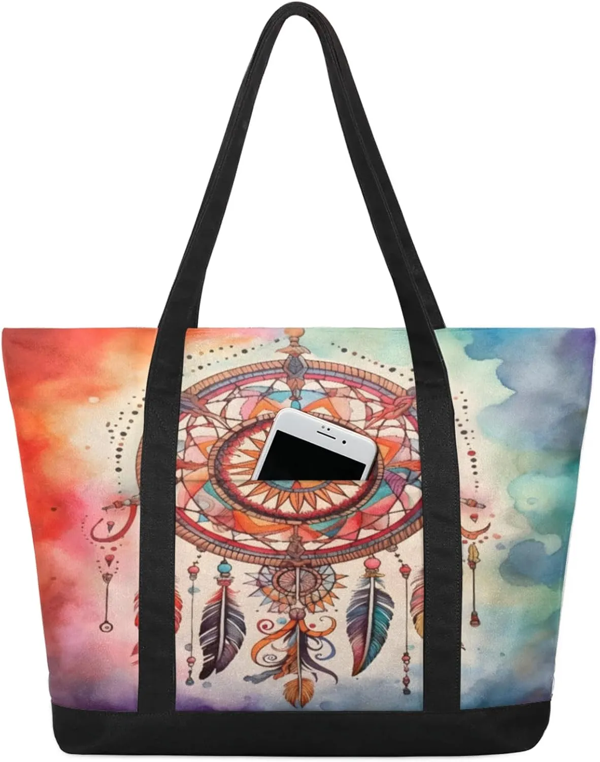Watercolor Blue Wildflower Canvas Tote Bag Casual Shoulder Handbag Large Shopping Bags With 5 Pocket