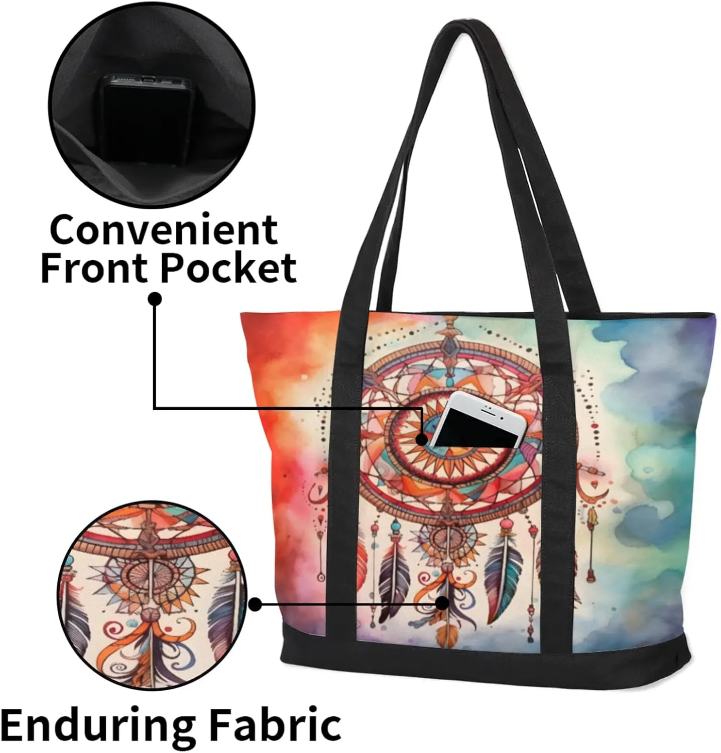 Watercolor Blue Wildflower Canvas Tote Bag Casual Shoulder Handbag Large Shopping Bags With 5 Pocket