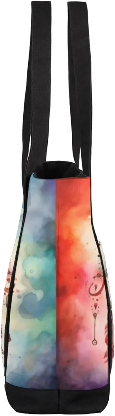 Watercolor Blue Wildflower Canvas Tote Bag Casual Shoulder Handbag Large Shopping Bags With 5 Pocket