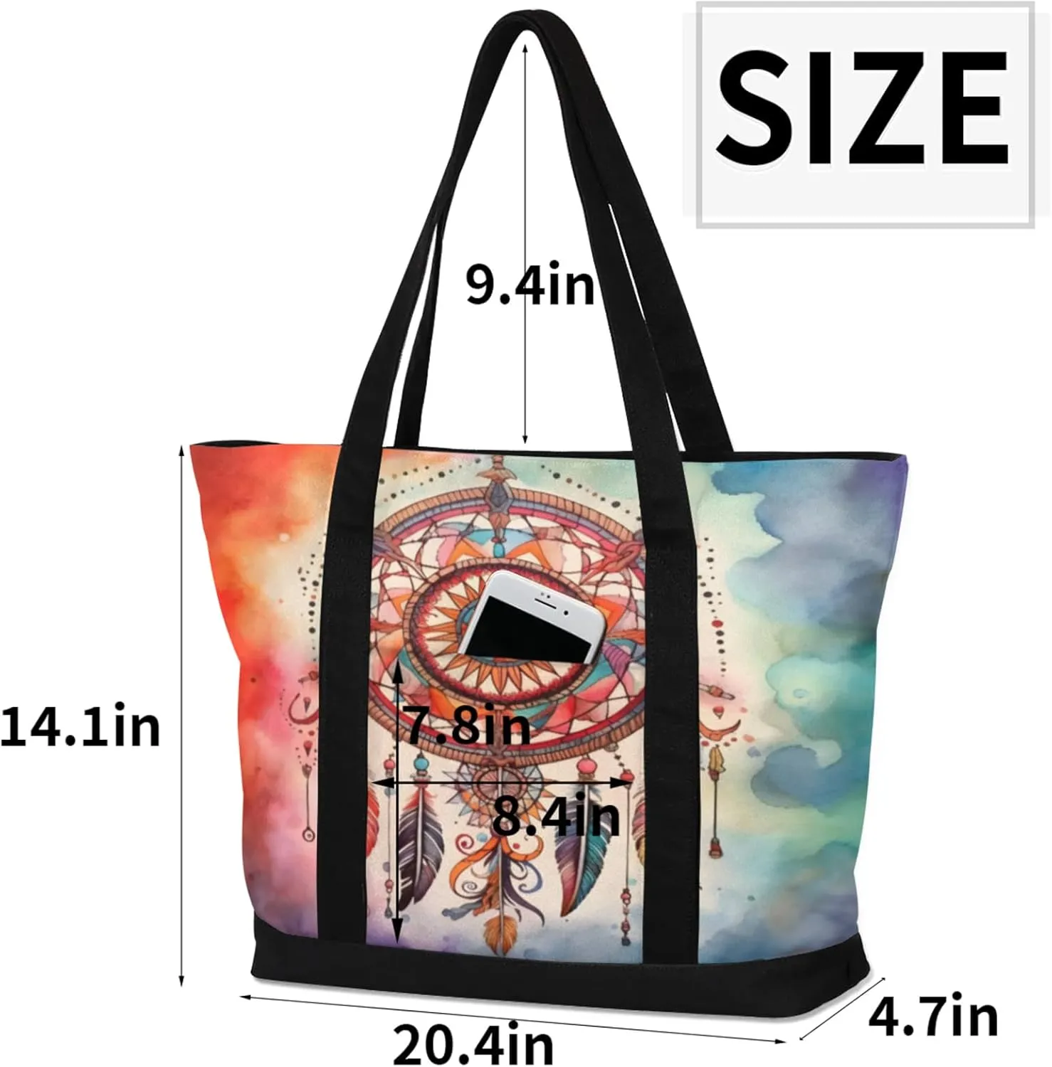 Watercolor Blue Wildflower Canvas Tote Bag Casual Shoulder Handbag Large Shopping Bags With 5 Pocket
