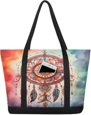 Watercolor Blue Wildflower Canvas Tote Bag Casual Shoulder Handbag Large Shopping Bags With 5 Pocket