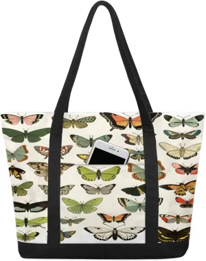 Watercolor Blue Wildflower Canvas Tote Bag Casual Shoulder Handbag Large Shopping Bags With 5 Pocket