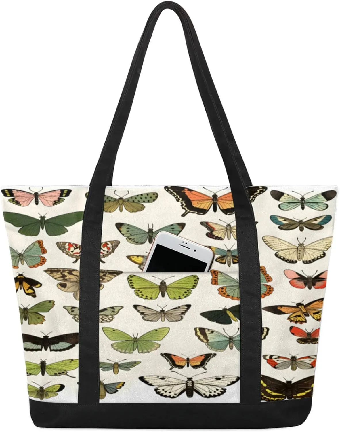 Watercolor Blue Wildflower Canvas Tote Bag Casual Shoulder Handbag Large Shopping Bags With 5 Pocket