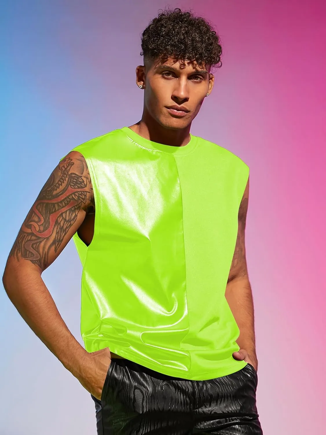 WDIRARA Men's Colorblock Two Tone PU Leather Round Neck Sleeveless Tank Tops