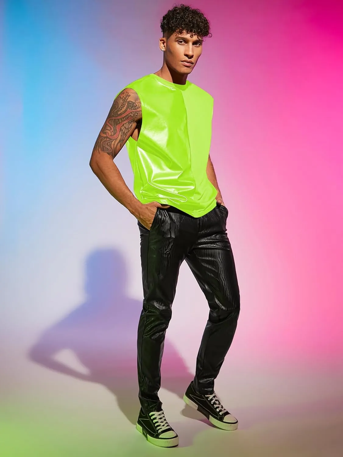 WDIRARA Men's Colorblock Two Tone PU Leather Round Neck Sleeveless Tank Tops