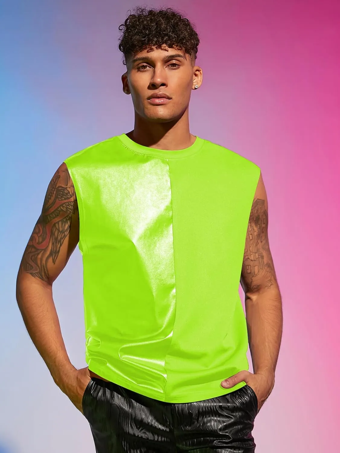 WDIRARA Men's Colorblock Two Tone PU Leather Round Neck Sleeveless Tank Tops